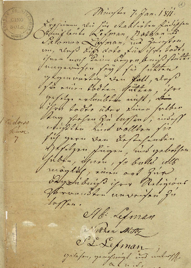 Protokolleingabe der Münsteraner Judenschaft an den geschäftsführenden Bürgermeister Johann Heinrich Schweling vom 7. Januar 1811